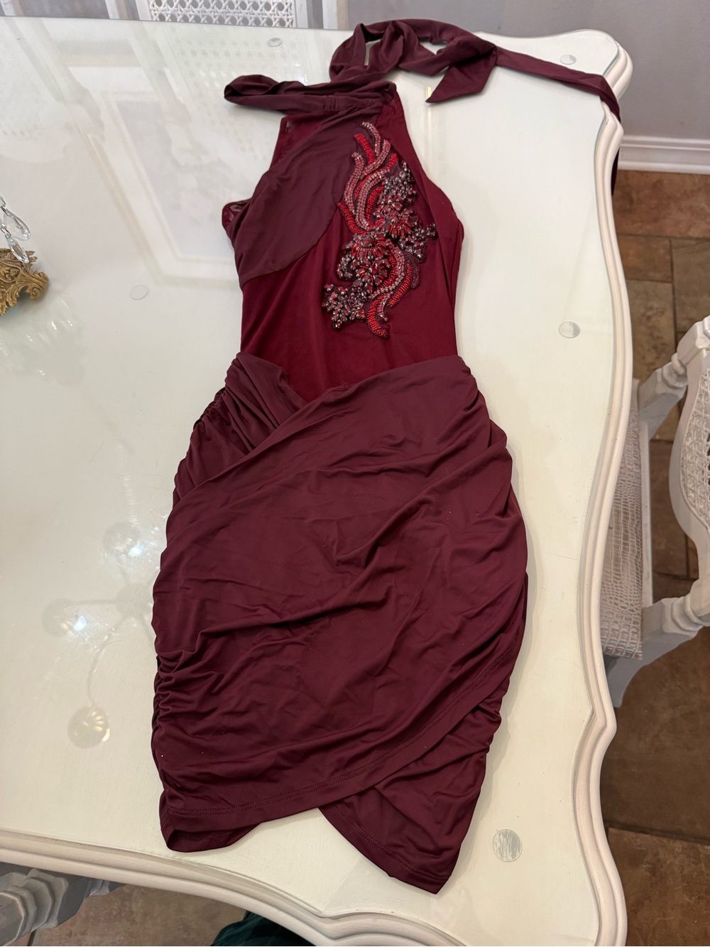 Halter-Style Burgundy Beaded Mini Dress worn once